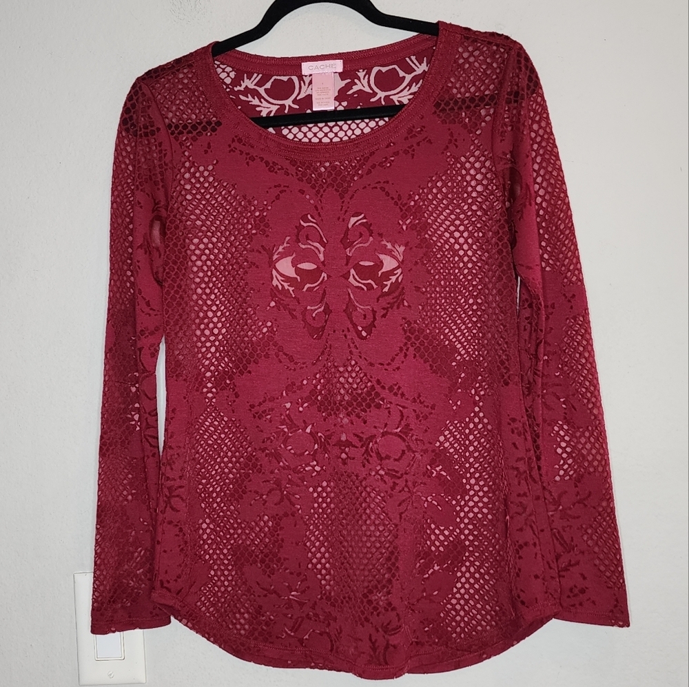 CACHE Burnout Sheer‎ Maroon Long Sleeve Shirt Size Small